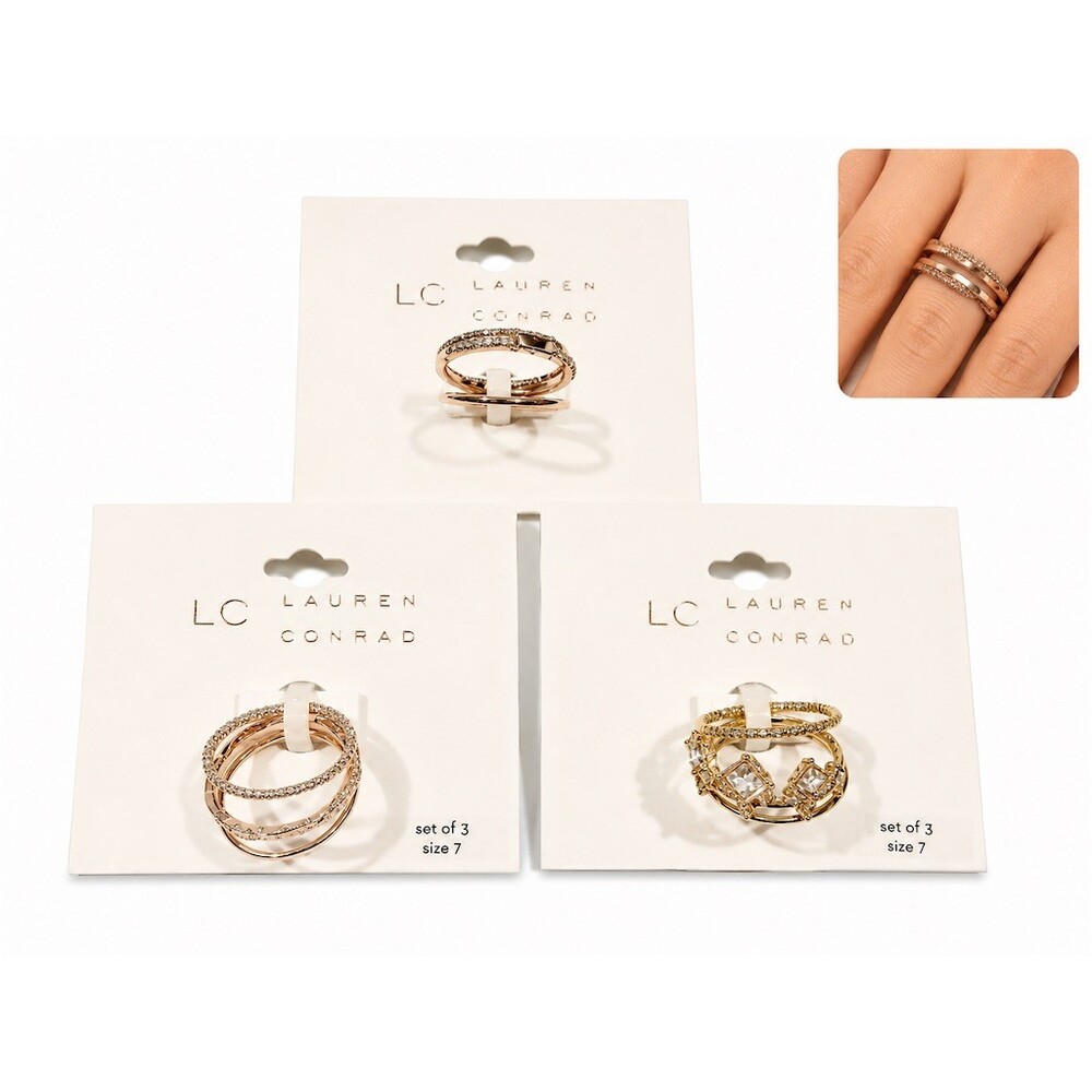 $52- 3 pk LC Lauren Conrad Ring Set Bundle 9 Stackable CZ Rings Gold Tone Size 7